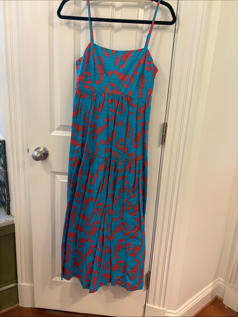 Blue Spaghetti-Strap Dress with Red Lobster Print